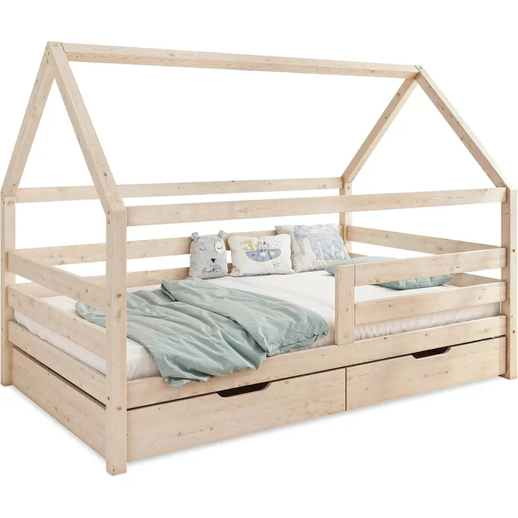 Ehrenkind Hausbett Sona aus massivem Kiefernholz, FSC® zertifiziert (mit Rausfallschutz in Natur), Hausbett 120x200 cm