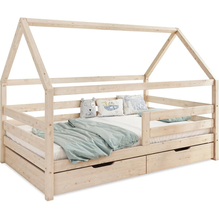 Ehrenkind Hausbett Sona aus massivem Kiefernholz, FSC® zertifiziert (mit Rausfallschutz in Natur), Hausbett 120x200 cm