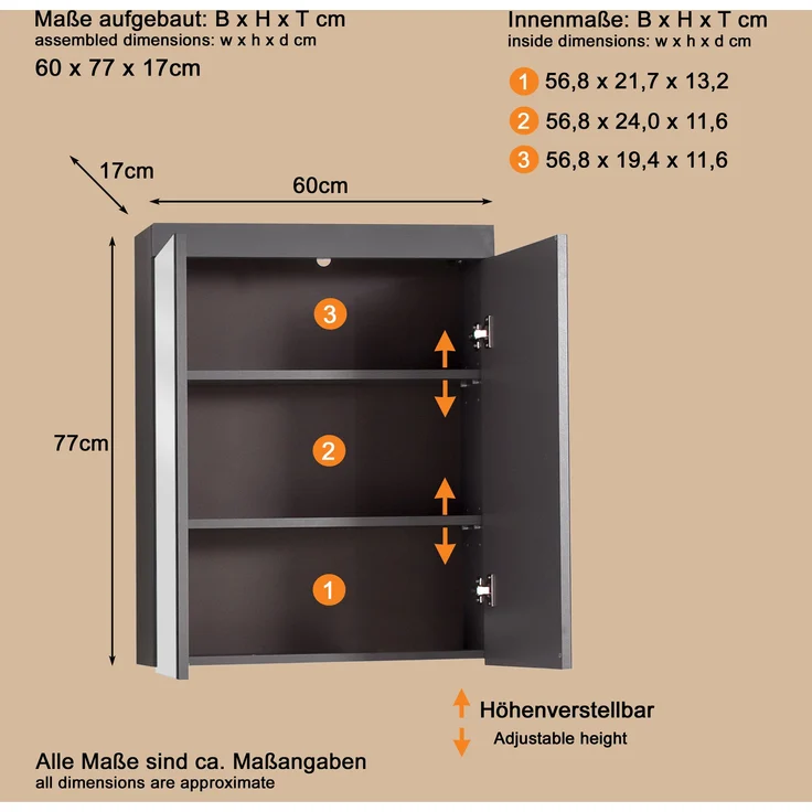Trendteam 'Amanda' Spiegelschrank, Holz, 77 x 17 x 60 cm, Grau Hochglanz – Bild 6