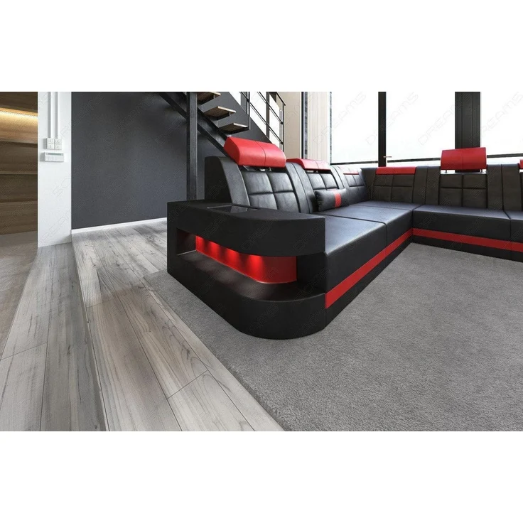 Sofa Dreams - Design Wohnlandschaft Wave XL mit LED - Büffelleder - schwarz-rot - Rechts – Bild 5