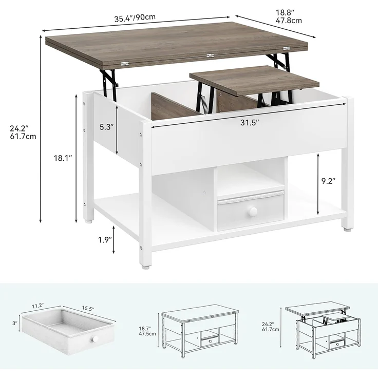 YITAHOME Couchtisch mit Anhebbarer Platte und Schubladen, 4-in-1-Multifunktions-Couchtisch mit Stauraum, Couchtisch lässt Sich in einen Esstisch für das Wohnzimmer umwandeln, Weiß&Grau – Bild 2