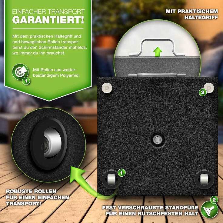 tillvex® Granit Sonnenschirmständer mit Rollen & Transportgriff Anthrazit - 27 kg Eckig | Schirmständer Sonnenschirm mit Edelstahlrohr | Balkonschirmständer für Schirmstöcke 16-48 mm & 300 cm Schirmdurchmesser – Bild 4