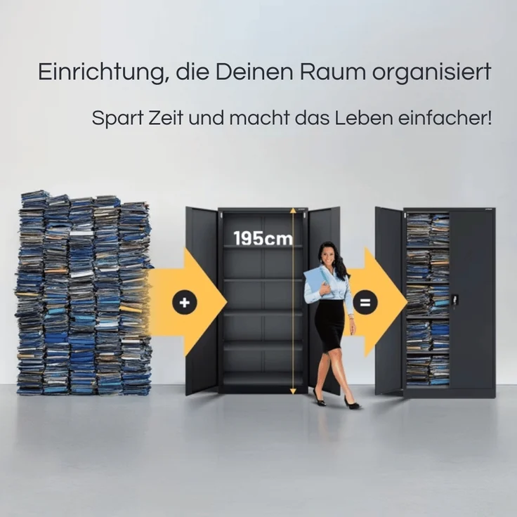 Aktenschrank abschließbar KADO - 5 Ebenen verstellbar, Flügeltüren | Metallschrank Werkstatt Mehrzweckschrank Büroschrank aus Stahl Werkzeugschrank, 195x90x40cm Anthrazit – Bild 3
