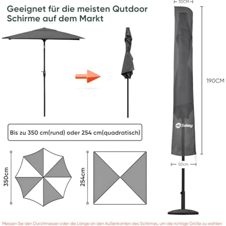 Sekey Sonnenschirm Schutzhülle mit Stab, Abdeckhauben für Ø 350cm / 200x300cm Gartenschirm, 190×30/50 cm Abdeckung, 100% Polyster wasserdicht – Bild 3