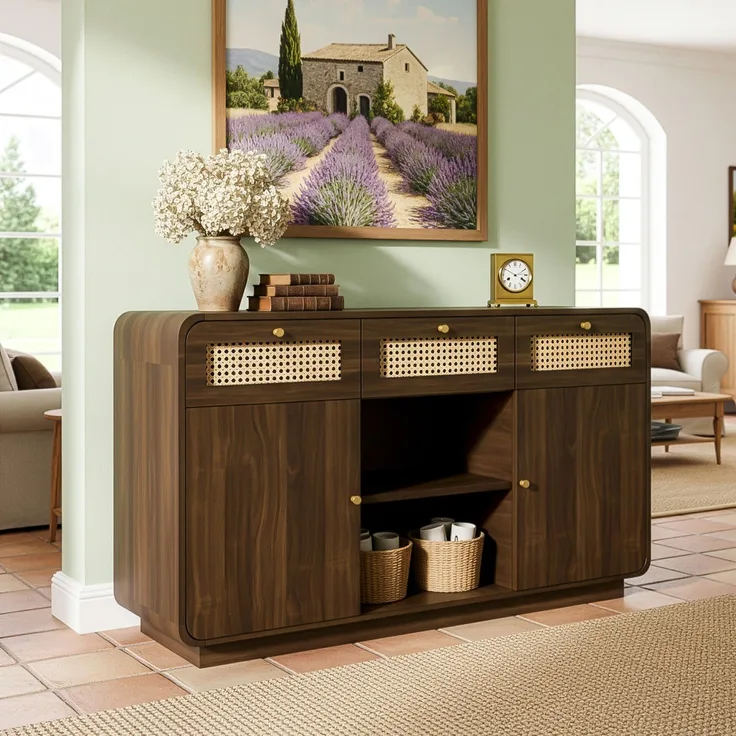 Abrihome Sideboard mit Rattan, Goldgriffen und offenem Regal, Braun, 85x40x120 cm