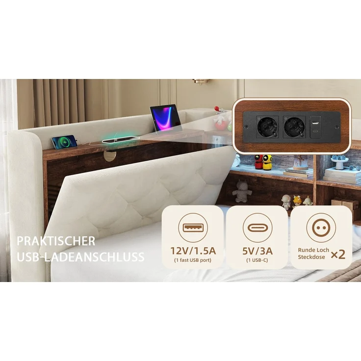 ZUBALIYA Tagesbett, mit Stauraum, mit LED-Beleuchtung, mit USB-C-Anschluss, inklusive Lattenrost, mit Schlaffunktion, Liegefläche 90 × 190 cm, H 84 × T 211 × B 181 cm, Beige, Samt – Bild 11