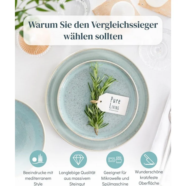 PURE LIVING INTERIOR DESIGN Geschirr-Set Ibiza aus Steingut, 48-tlg, für 12 Personen, Beige Blau (48-tlg), 12 Personen, Steingut – Bild 2