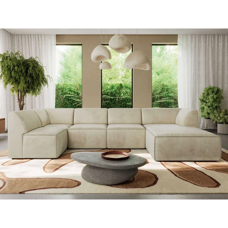 Modulares XXL-Ecksofa MODARO 5M, U-Form, Wohnlandschaft, 5-teilig, freistehend, Wohnzimmer Couch, HR-Schaumstoff - Beige Velvet - Rechts – Bild 5