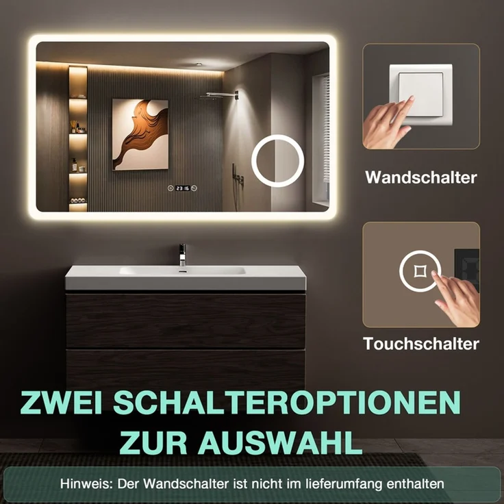 Gimbelen LED Badezimmerspiegel 100x60 cm mit Uhr, dimmbar, 3-fach Vergrößerung & Anti-Beschlag, 3 Lichtfarben, Touch-Steuerung, rechteckiges Design, für Badezimmer, Silber – Bild 5
