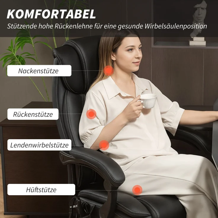 HOMCOM Bürostuhl mit Massagefunktion, Polyurethan, Schwarz, 72L x 67B x 111-119H cm – Bild 5