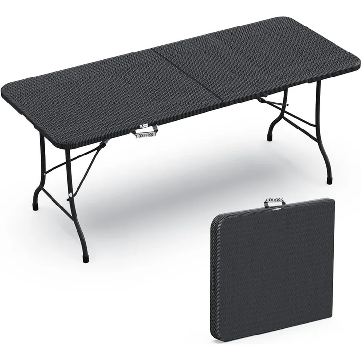 VOUNOT Gartentisch Klapptisch 180x75 cm, Campingtisch Buffettisch Klappbar mit Tragegriff für Garten, Terrasse und Balkon, Rattan Optik Schwarz