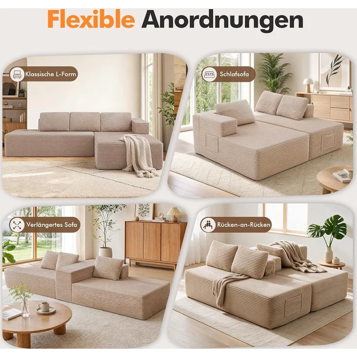 COMHOMA Ecksofa mit Schlaffunktion, 255cm Corduroy Modulares Boneless Couch mit Chaiselongue & Rücken-Metallgestell, L-Form Schlafsofa mit offenem Design, Kissen & Seitentaschen,für Wohnzimmer, Beige-L – Bild 6