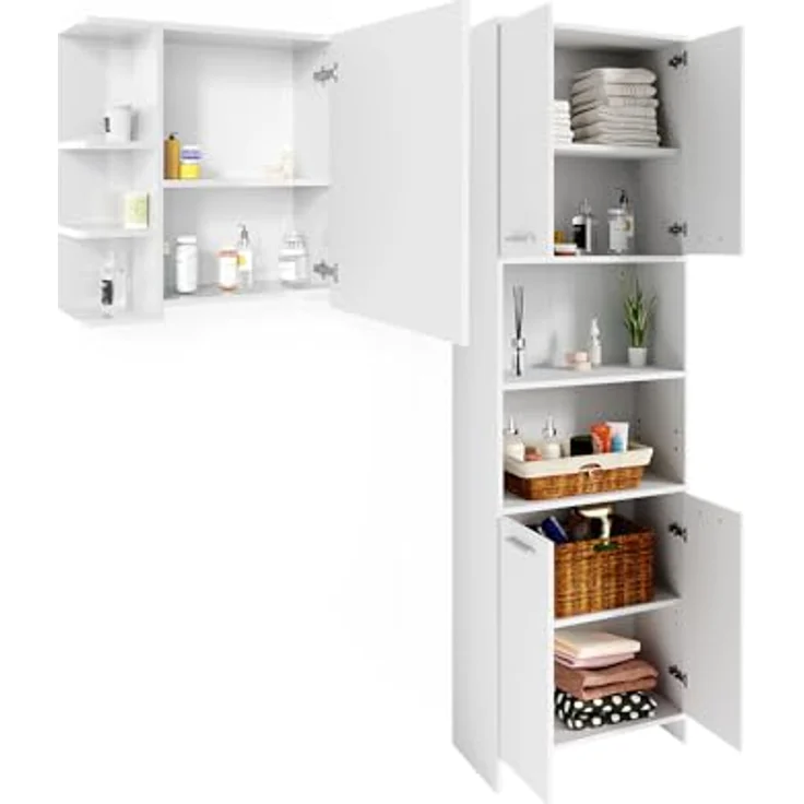 Vicco Badmöbelset Maris, Hochschrank und Spiegelschrank in Weiß mit höhenverstellbaren Einlegeböden und Melaminharzbeschichtung – Bild 8