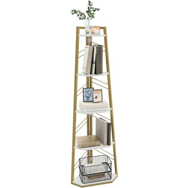 YITAHOME Eckregal, 5-stöckiges Leiterregal, Industrielles Bücherregal, Bodenstehendes Regal, Offenes Standregal aus Holz, für Wohnzimmer, Flur, Schlafzimmer, Home-Office, Gold Lagerregal – Bild 5