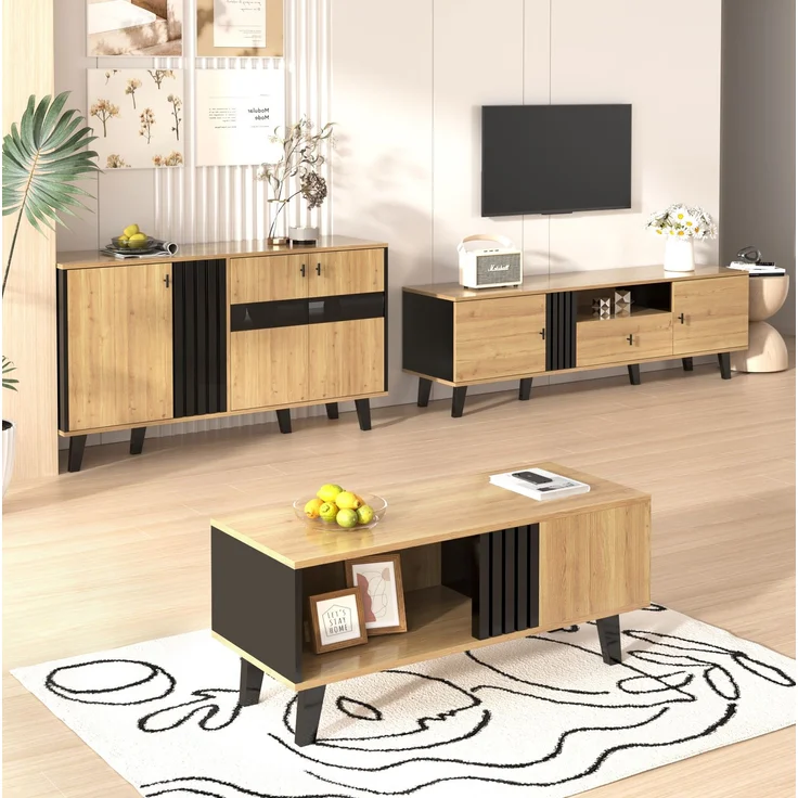 Wohnzimmermöbel-Set 3-teilig aus Spanplatte und Glas, mit Stauraum, 40x70x50,5 cm, Holzoptik und Schwarz – Bild 3