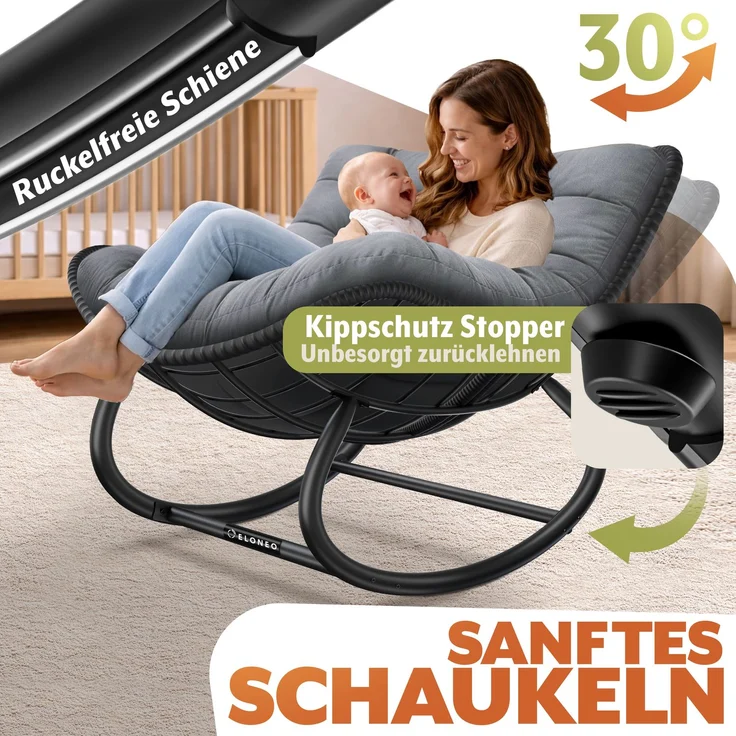 ELONEO Schaukelstuhl Outdoor XXL, ergonomischer Schaukelsessel mit Premium Sitzpolster für drinnen & draußen, Balkonsessel, wetterfester Loungesessel Outdoor, rutschfest, bis 120kg, Grau, ohne Hocker – Bild 5