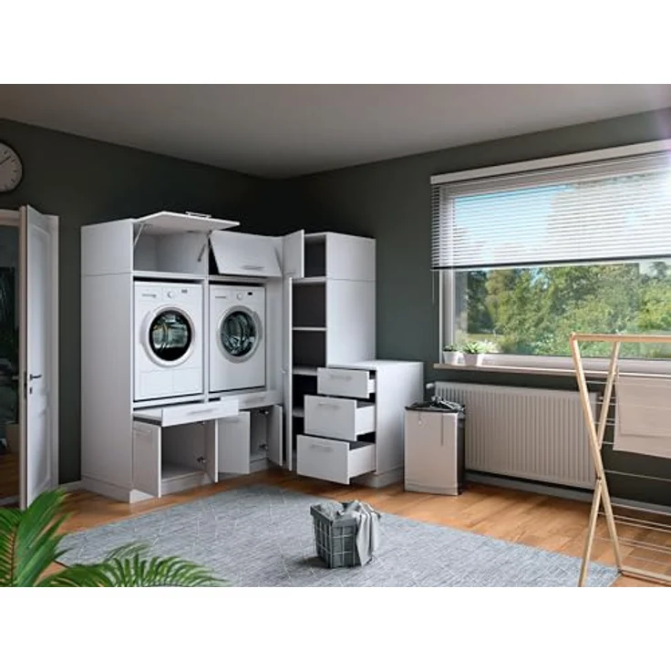 Laundreezy Waschraum Komplett-Set, Weiß - Modulares Schranksystem für Waschküche & Hauswirtschaftsraum - 203 x 200 x 68 cm (B/H/T) – Bild 4