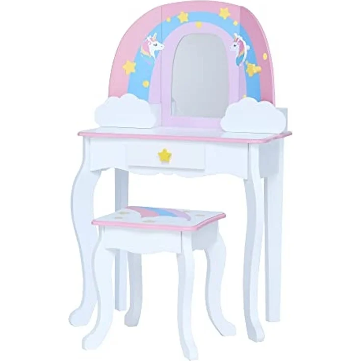 Teamson Kids Fantasy Fields Little Dreamer Regenbogen Schminktisch Schminktisch mit Spiegel, Integriertem Stauraum und Stuhlhocker Für Kinder, Weiß, TD-13543F – Bild 1
