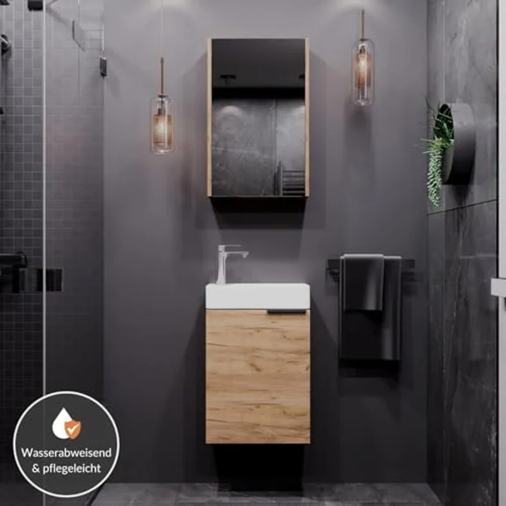 Planetmöbel Badmöbel-Set Badmöbel-Set 40cm mit Spiegelschrank Gold Eiche, (Komplett-Set, 3-St), Badmöbel, Breite 40 cm, Soft-Close-Funktion – Bild 6