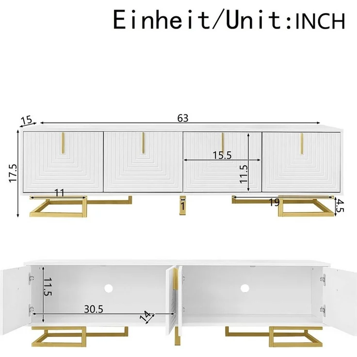BlingBin TV-Schrank TV-Ständer Fernsehschrank (1-St, mit strukturierten Türen, goldene Griffe und goldene Beine) Modernes Design,160×38 ×44,5cm – Bild 2