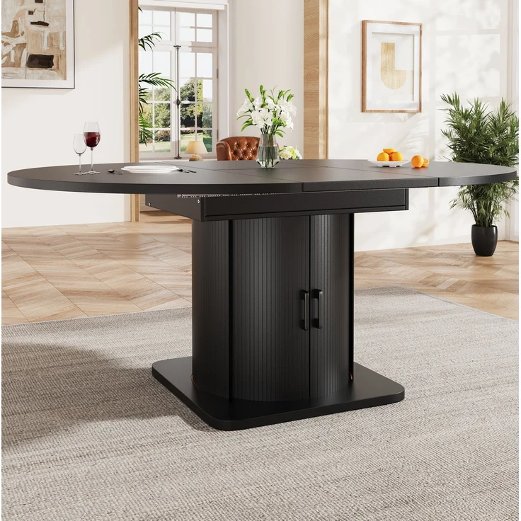 Esstisch 118-158x118x76 cm ausziehbar in Schwarz, rund zu oval, mit Stauraum – Bild 3