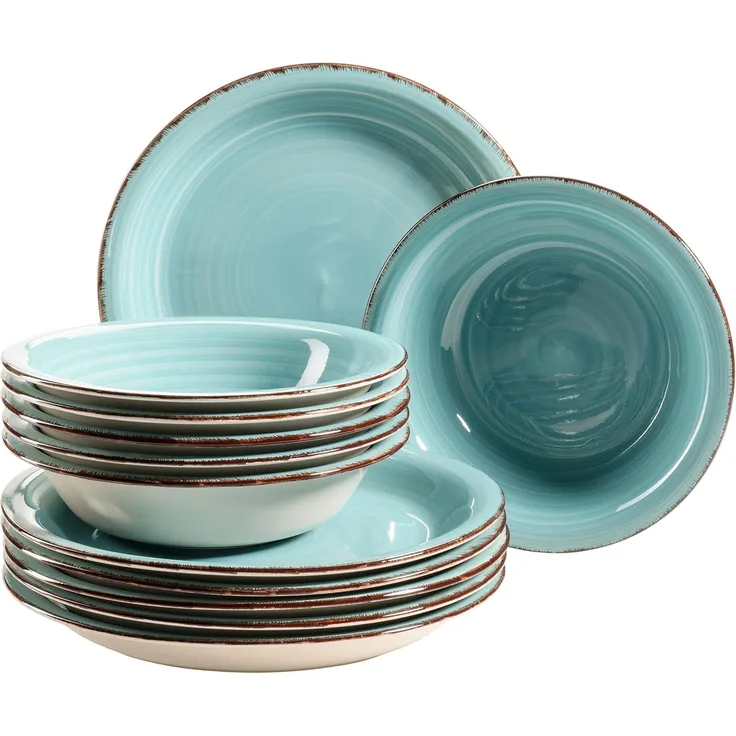 Mäser 931497 Lumaca Teller-Set für 6 Personen im modernen Vintage Look, Tafelservice, handbemalt, Steingut, türkis, 12-teilig (1 Set)