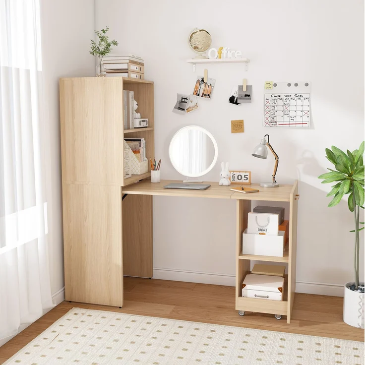 Ausziehbarer Schreibtisch mit Stauraumschrank und Rollen, 126x55x136 cm, Naturholz – Bild 4