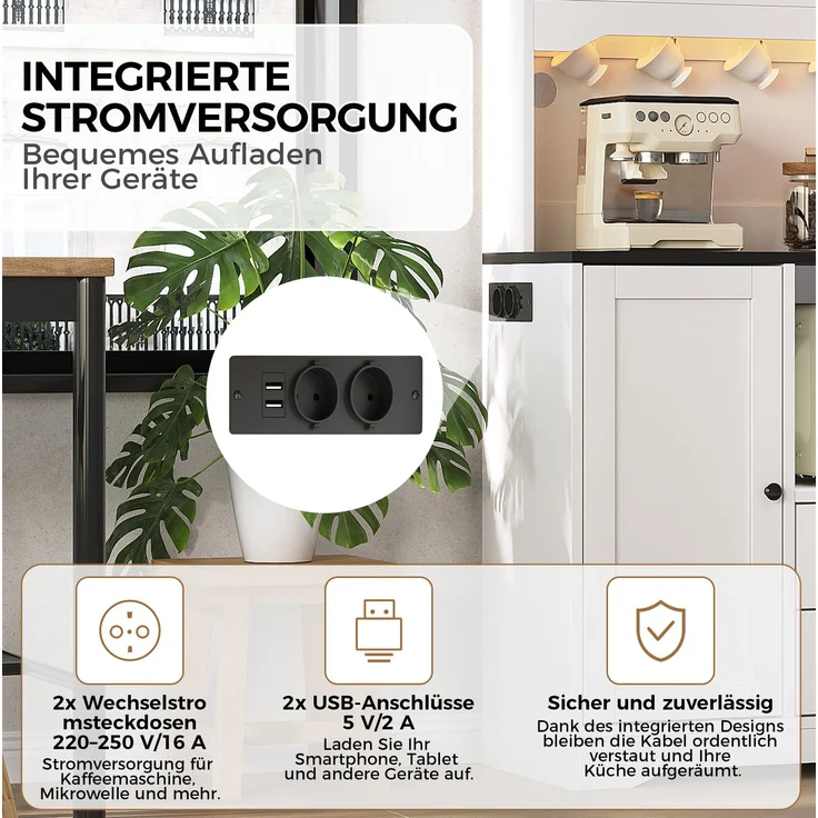 Küchenbuffetschrank mit LED-Beleuchtung & USB-Anschluss, 100x40x163 cm, Weiß – Bild 7