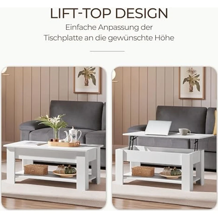 Yaheetech Couchtisch mit Höhenverstellbarer Platte Kaffeetisch ausziehbarer Wohnzimmertisch Sofatisch für Wohnzimmer, Büro, weiß – Bild 8