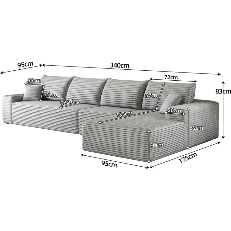 EINHOM 340 cm Boneless Modular Ecksofa, mit L-förmiger Chaiselongue, modernes modulares Sofa , mit tiefer Sitzfläche, Keine Montage erforderlich, Kompressionssofas for Wohnzimmer, Schlafzimmer, Wohnung, Grey – Bild 2