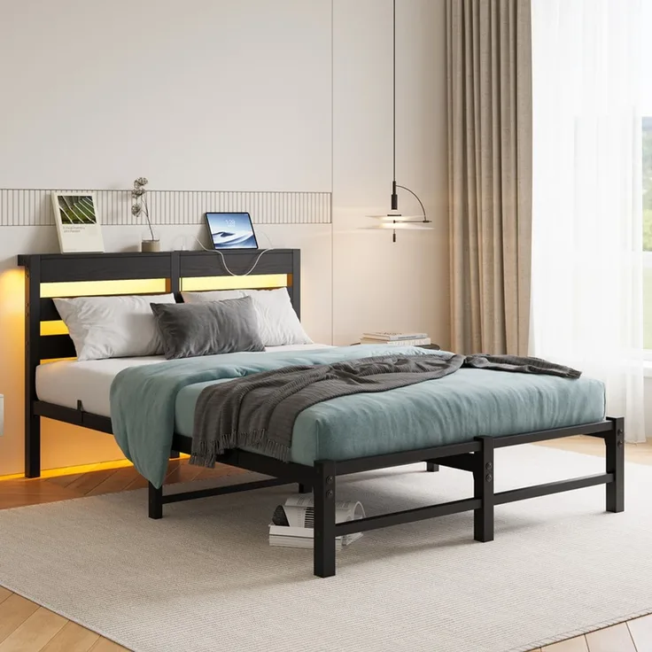 Homerecommend Schwebebettrahmen Metallbett 140x190 cm, ohne Kopfteil, für Schlafzimmer & Jugendzimmer, mit RGB LED-Beleuchtung & USB-Ladestation, versteckte Stützfüße für visuellen Schwebe-Effekt, Vintage Schwarz