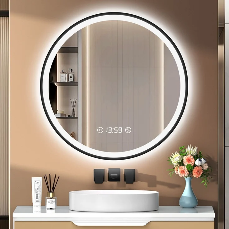 Pesenxan Runder LED Badspiegel Ø 70 cm, dimmbar, 3 Lichtfarben & Antibeschlag, 3-in-1-Touchsteuerung, 24h-Digitaluhr, mattschwarzer Aluminiumrahmen, für Badezimmer, Schwarz – Bild 1