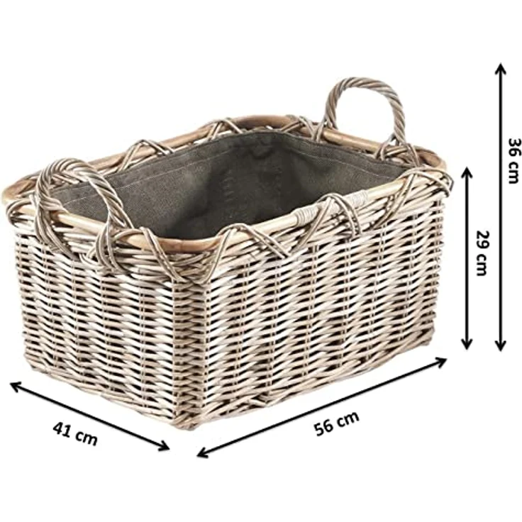 Kobolo Kaminholzkorb Holzkorb Feuerholzkorb, Rattan grau mit Griffen und Leinen, Brennhol (Stück, Stück), 56Lx41x29/36cm – Bild 3