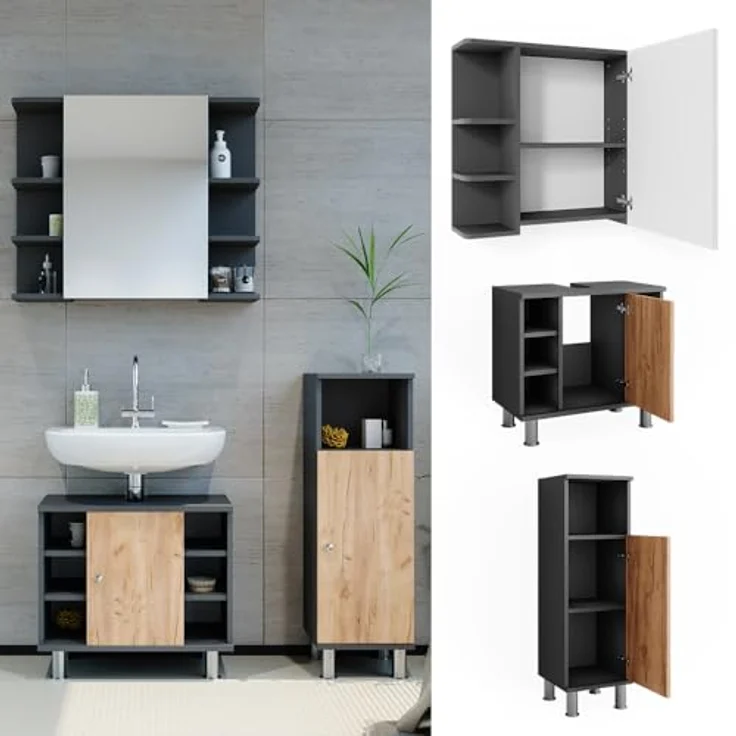Vichy Badmöbelset Fynn, 3-teiliges Badspiegelschrank-Set mit Midischrank, Anthrazit/Goldkraft Eiche, umfangreicher Stauraum – Bild 2