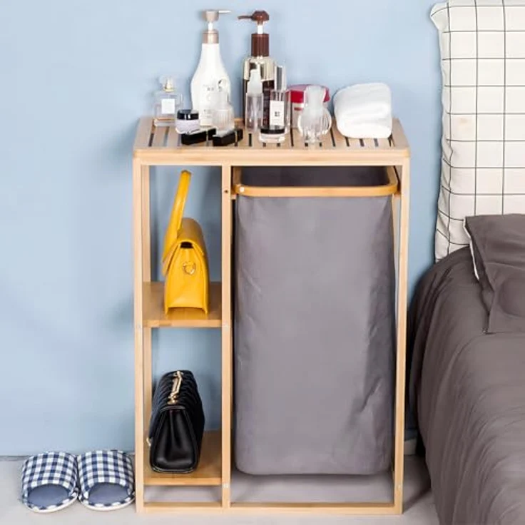 Avilia Badezimmerschrank aus Bambus mit Wäschekorb aus Stoff und 2 Einlegeböden – 50 x 30 x 70 cm – Fassungsvermögen des Korbs 15 kg, Ablagen 6 kg – Korb für schmutzige Tücher, geeignet für Bad und – Bild 7
