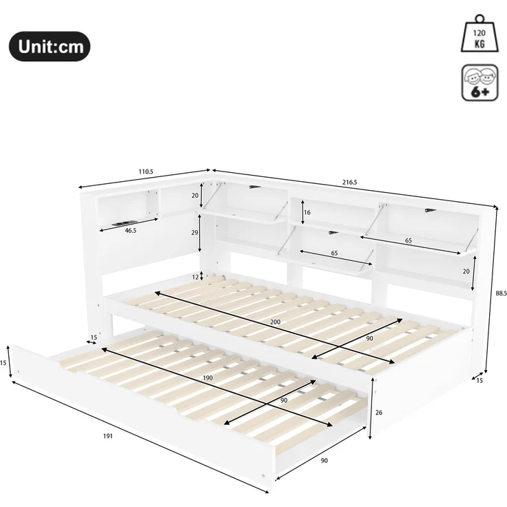 EINHOM Daybett, Schlafsofa, 90 x 200 cm, Kopfteil mit Staufach, Ausziehbares Bett, Weiß, (Ohne Matratze) – Bild 2