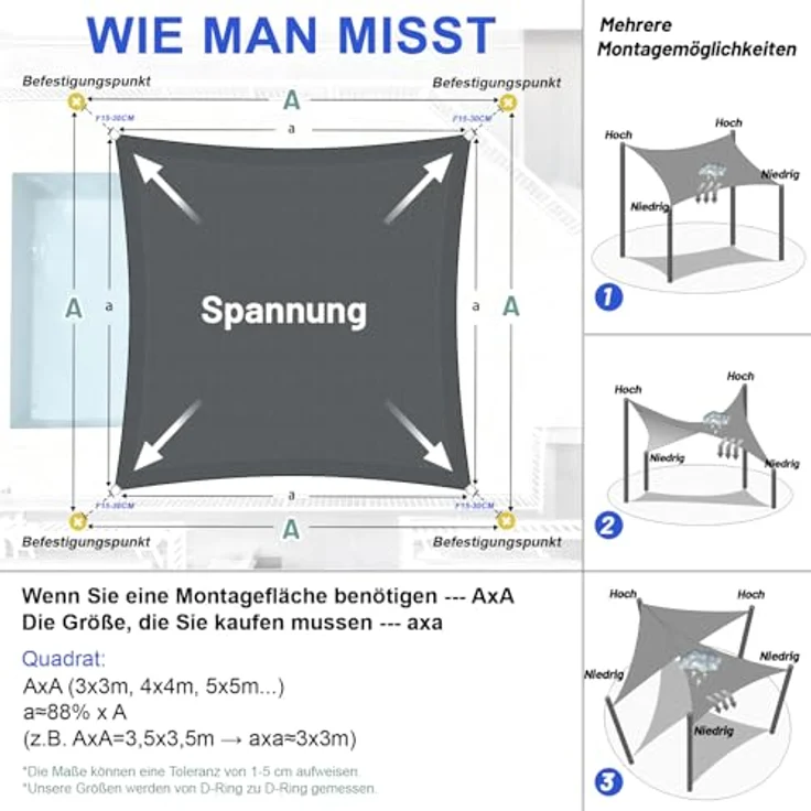 LOVE STORY Sonnensegel Wasserdicht 5x5 m Quadrat PES Polyester Sonnenschutz Windschutz Balkon Terrasse 95% UV-Schut,für Balkon Garten,Anthrazit – Bild 6