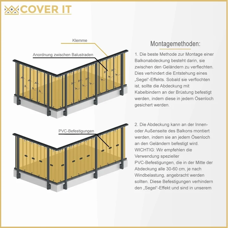 COVER IT Balkon Sichtschutz Ohne Bohren Balkonsichtschutz Braun mit Ösen 90x200 cm Sichtschutz Balkon Ohne Bohren - Sichtschutz für Balkon Terrasse - Sichtschutz Balkongeländer – Bild 7