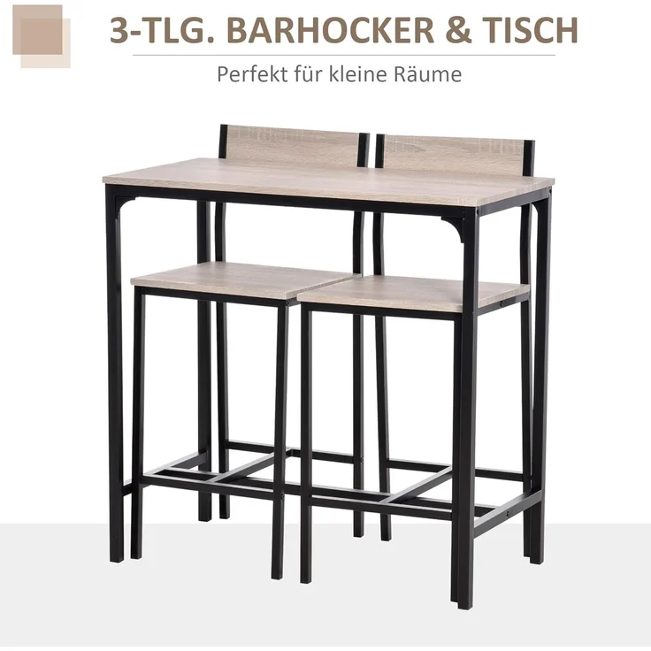 HOMCOM Bargruppe Esstisch mit 2 Barhocker, (Sitzgruppe, 3-tlg, Essgruppe), Natur+Schwarz MDF Metall – Bild 4
