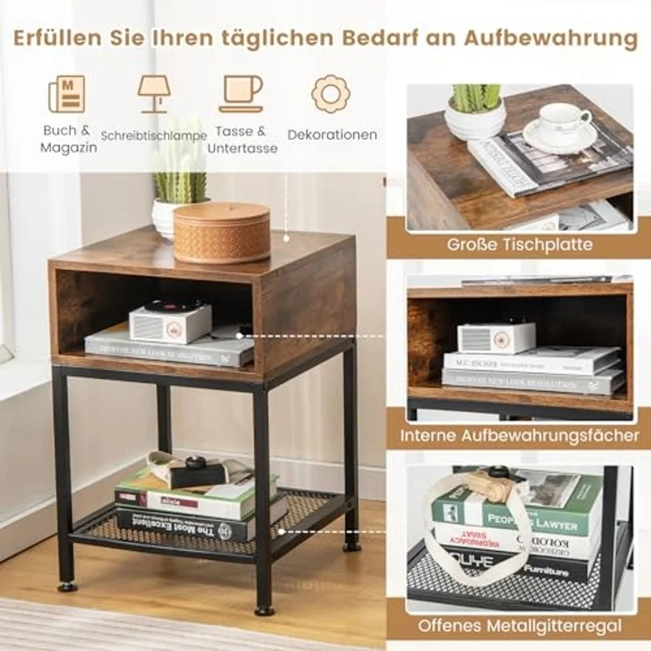 COSTWAY Beistelltisch mit Ablagefach und Gitterablage, Nachttisch mit Metallrahmen und verstellbaren Fußpolstern, Sofatisch für Schlafzimmer, Wohnzimmer, Industrie-Design, 40 x 40 x 57,5 cm – Bild 4