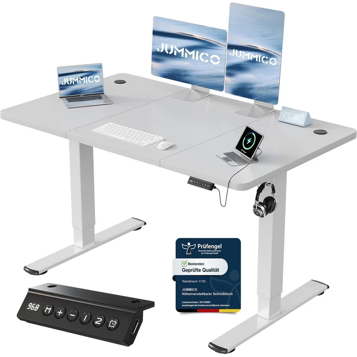 JUMMICO Schreibtisch elektrisch höhenverstellbar mit USB-Ladeanschluss, Grau, 120x60 cm – Bild 1