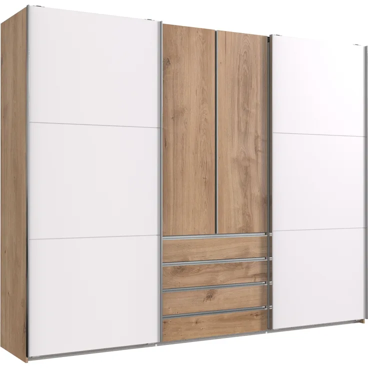 Schwebetürenschrank >MAGIC< in PLANKENEICHE + WEISS - 300x236x65cm (BxHxT)