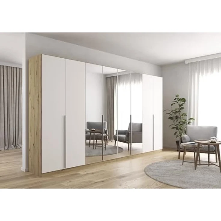 Rauch Möbel Alabama, Kleiderschrank für Schlafzimmer, Kinderzimmer, Wohnzimmer, Garderobe, Flur, 8-türig, Spiegel, mit Zubehör Premium, Farbe Weiß/Eiche Artisan, Holz, Breite 360 cm – Bild 2