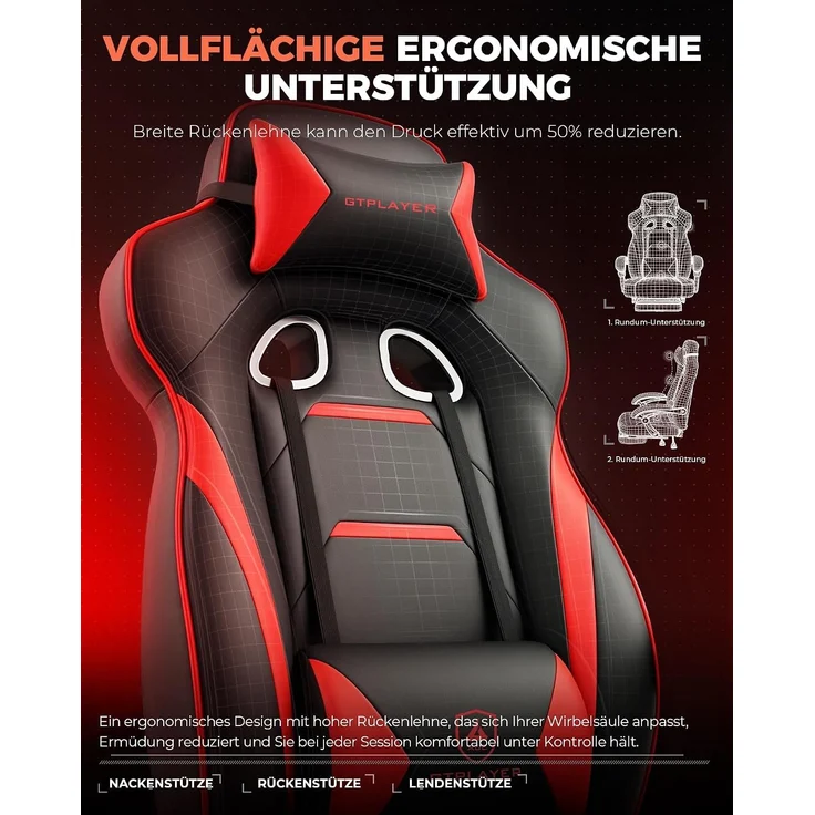 GTPLAYER Gaming Stuhl mit Fußstütze, Ergonomischer Bürostuhl 180kg, Schwerlast Gaming Sessel mit Lendenwirbelstütze und Kopfstütze, Höhenverstellbarer Computerstuhl, Gepolstert, neigbare 155°, ROT – Bild 7