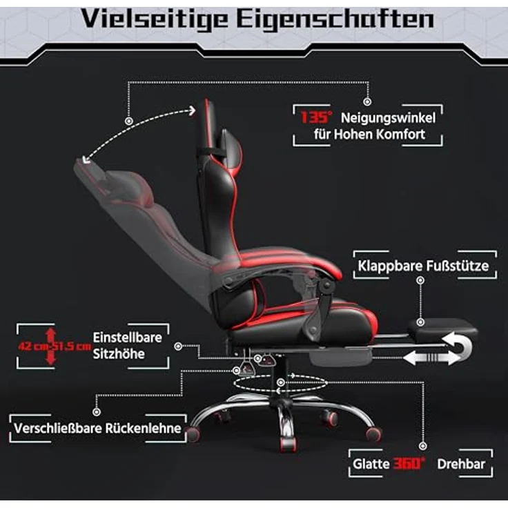 Yaheetech Gaming Stuhl Ergonomischer Gaming Sessel mit Massagefunktion Computerstuhl mit Fußstütze Bürostuhl 90-135° Rückenlehne verstellbar Gamer Stuhl für für Homeoffice und Gaming Rot – Bild 7