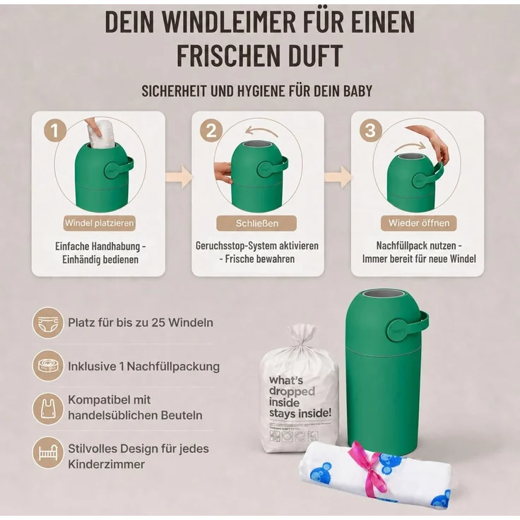 Set Magic Windeleimer, Abfalleimer mit Geruchsstopp, ohne Kassette + Windel | Hygienischer Mülleimer Geruchsdicht für Windeln ohne Kassette, Hygieneeimer für Windelentsorgung, Bad, Kinderzimmer, Küche – Bild 4