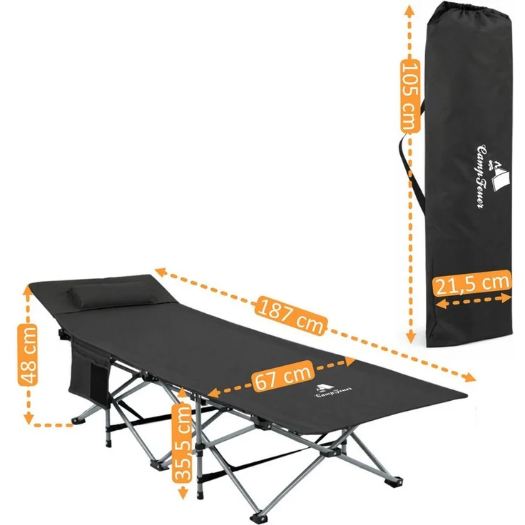 CampFeuer Campingliege Campingbett mit Kopfkissen, Schwarz, bis 150 kg, 187 x 67 x 48 cm – Bild 3