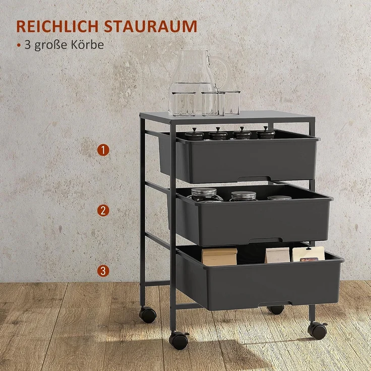 HOMCOM Servierwagen mit Rädern, 3-Lagerkörben und Stahlrahmen, (Rollwagen, 1 St, Aufbewahrungswagen), für Küche, Wohnzimmer, 40,8 x 33,5 x 60,5 cm, Schwarz – Bild 3