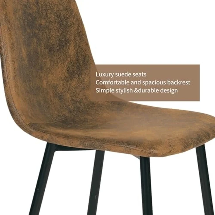 FurnitureR FR Charlton BRAUN A Beistellstühle für Wohnzimmer 4er Set Mid-Century Wildleder Gepolsterte Küche Esszimmerstühle mit schwarzen Metallbeinen, Metall, 40x38x86CM – Bild 6
