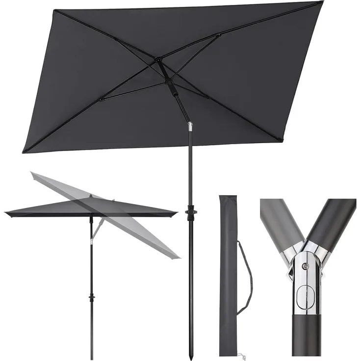 Sekey 210 × 140 cm Sonnenschirm mit Schutzhülle, Balkonschirm Gartenschirm Terrassenschirm, Sonnenschutz UPF50+, Kippbar, Höhenverstellbar, Rechteckig- Dunkelgrau